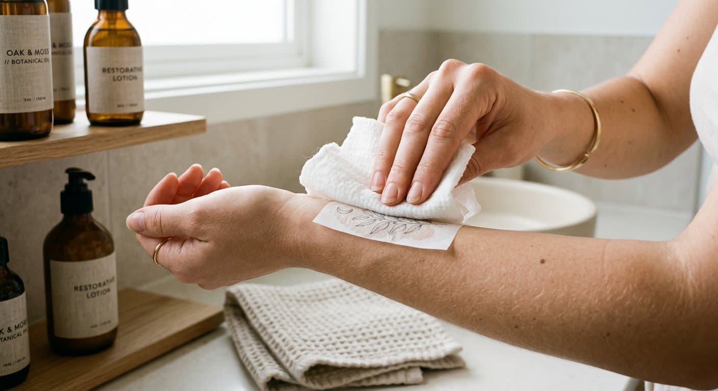A KREON tattoo transfer being pressed onto a forearm with a damp cloth